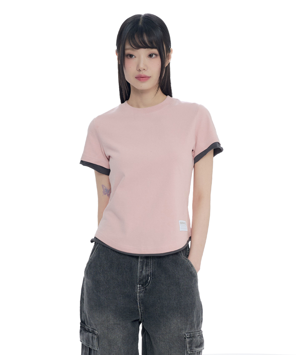 쏘비(SEW-B) 세미크롭 레이어드 Roll-Up 반팔티 [핑크]