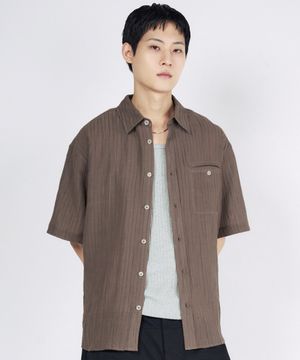 플리츠 린넨 반팔 셔츠 [브라운]