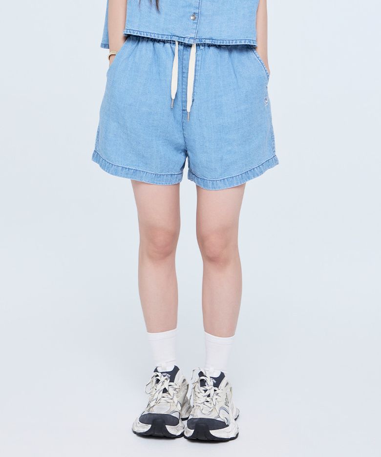 여성) 린넨 혼방 데님 밴딩 숏 팬츠