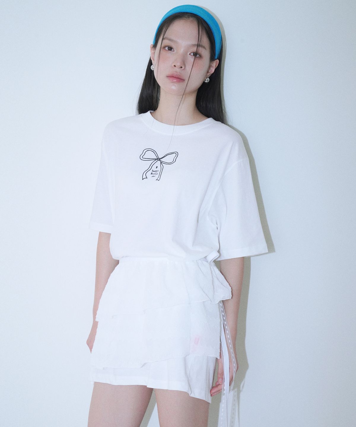 스윗비터(SWEET BITTER) [SET] 리본 티셔츠 & 쉬폰 랩스커트_화이트