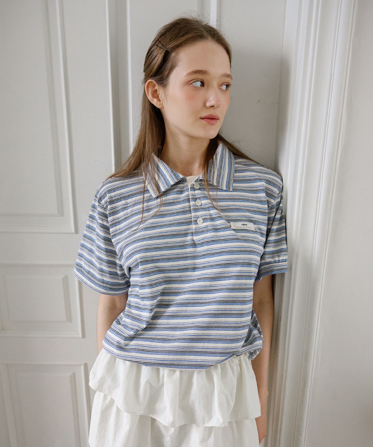 레터리(LETERIE) STRIPE STRING COLLAR HALF T-SHIRT_IVORY