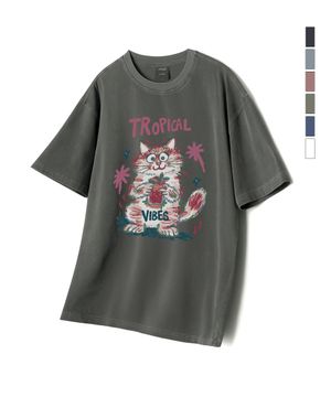 Hollysheesh TROPICAL CAT 피그먼트 오버핏 반팔 티셔츠_6 COL (크롭포함)