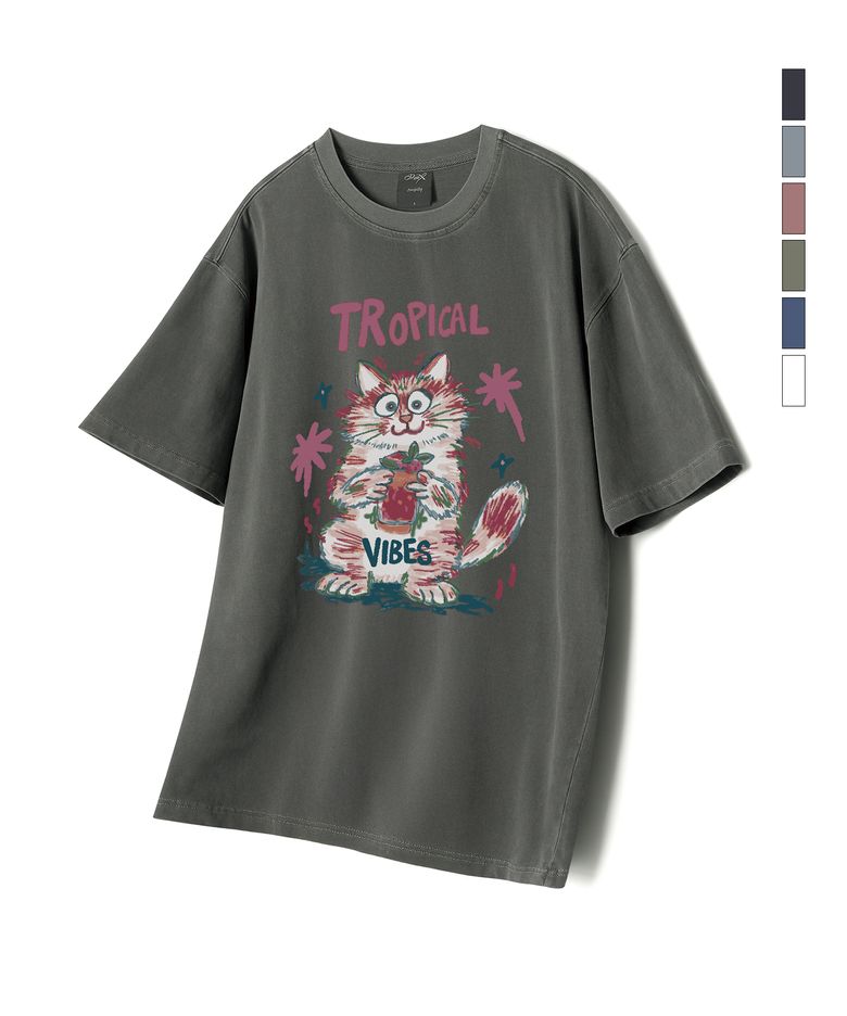 Hollysheesh TROPICAL CAT 피그먼트 오버핏 반팔 티셔츠_6 COL (크롭포함)