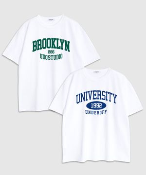 [2PACK]오버핏 크루넥 유니버시티 화이트블루&브루클린 화이트그린