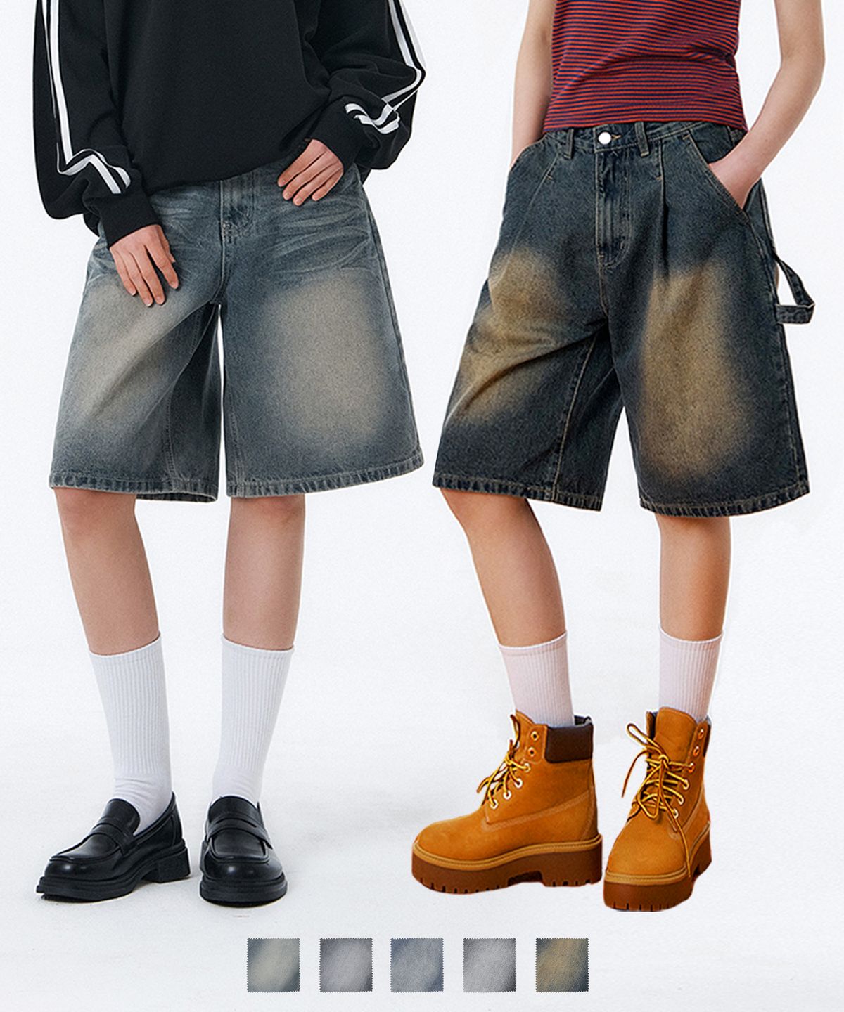 랜덤오프(RANDOMOFF) [2PACK] [UNISEX] BTB : WAVE WASHING SHORTS JEANS 5 Color