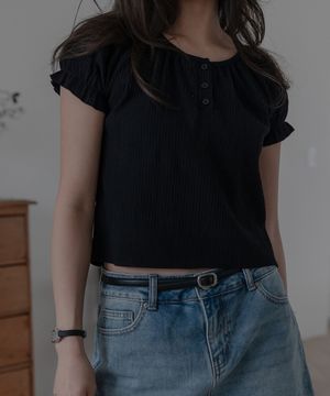 퍼프 헨리넥 버튼 블라우스_블랙