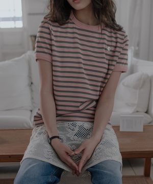 HCH 뱃지 스트라이프 링거 티셔츠_핑크