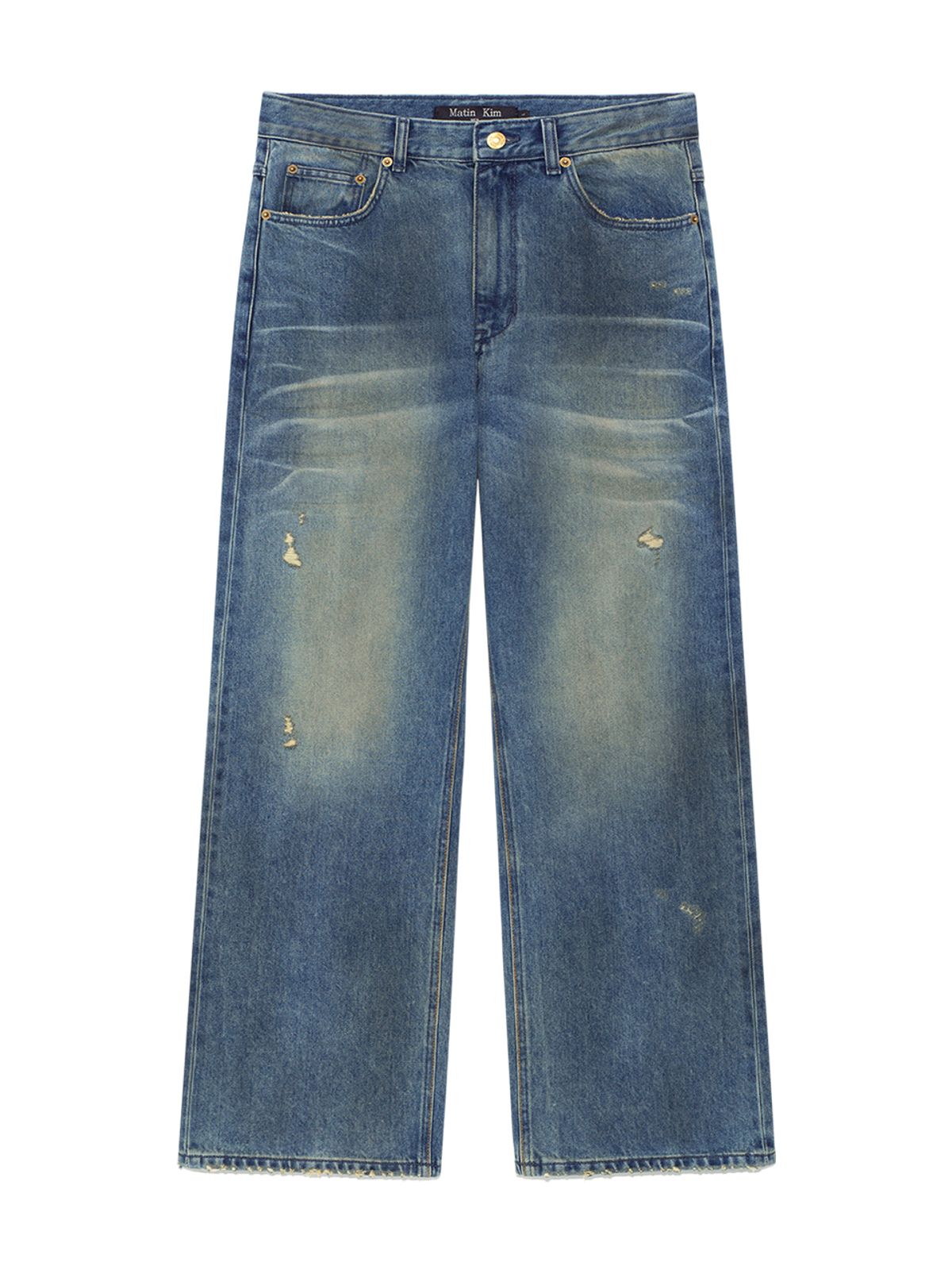 마뗑킴(MATIN KIM) EMBO WASHED DENIM PANTS FOR MEN IN BLUE