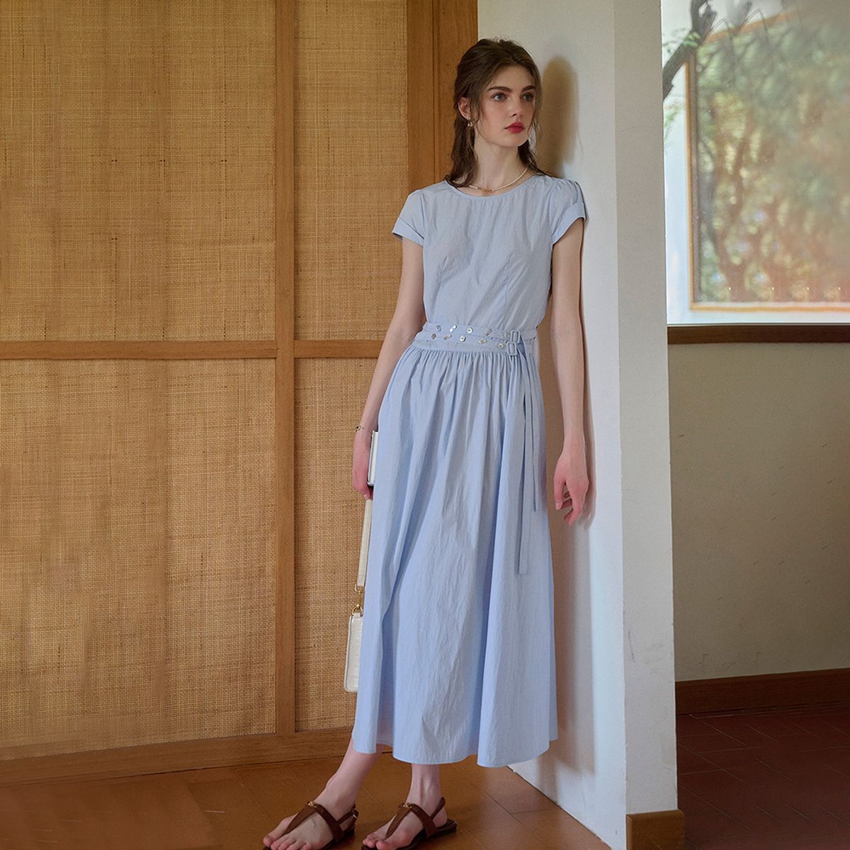 심플레트로(SIMPLE RETRO) SR_Waist tie simple short sleeve dress