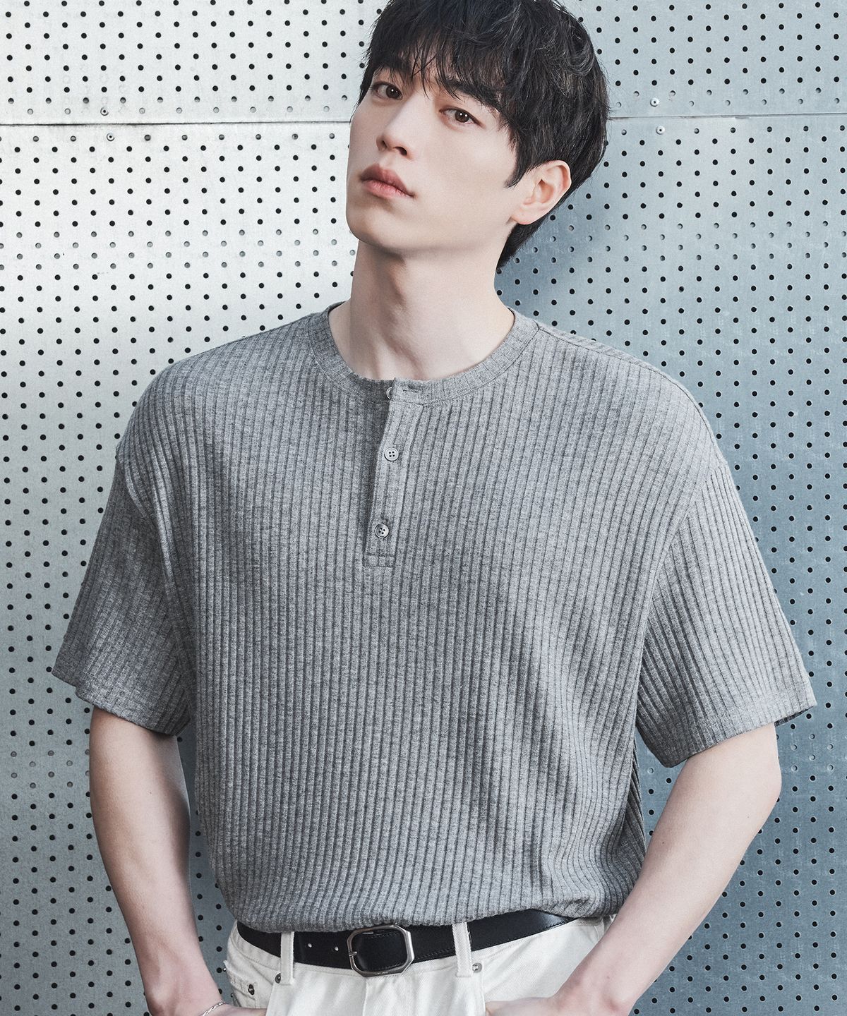 드로우핏(DRAW FIT) 콘스탄트 리브드 헨리넥 티셔츠 [MELANGE GREY]