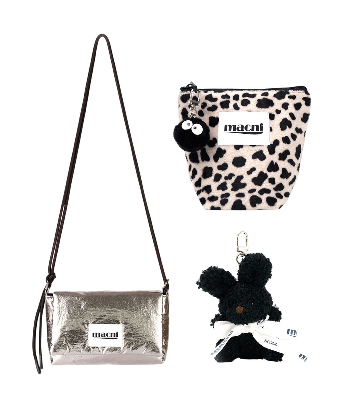 마크니(MACNI) [SET] GLOSSY STRING BAG & LEOPARD POUCH & KEYRING SET