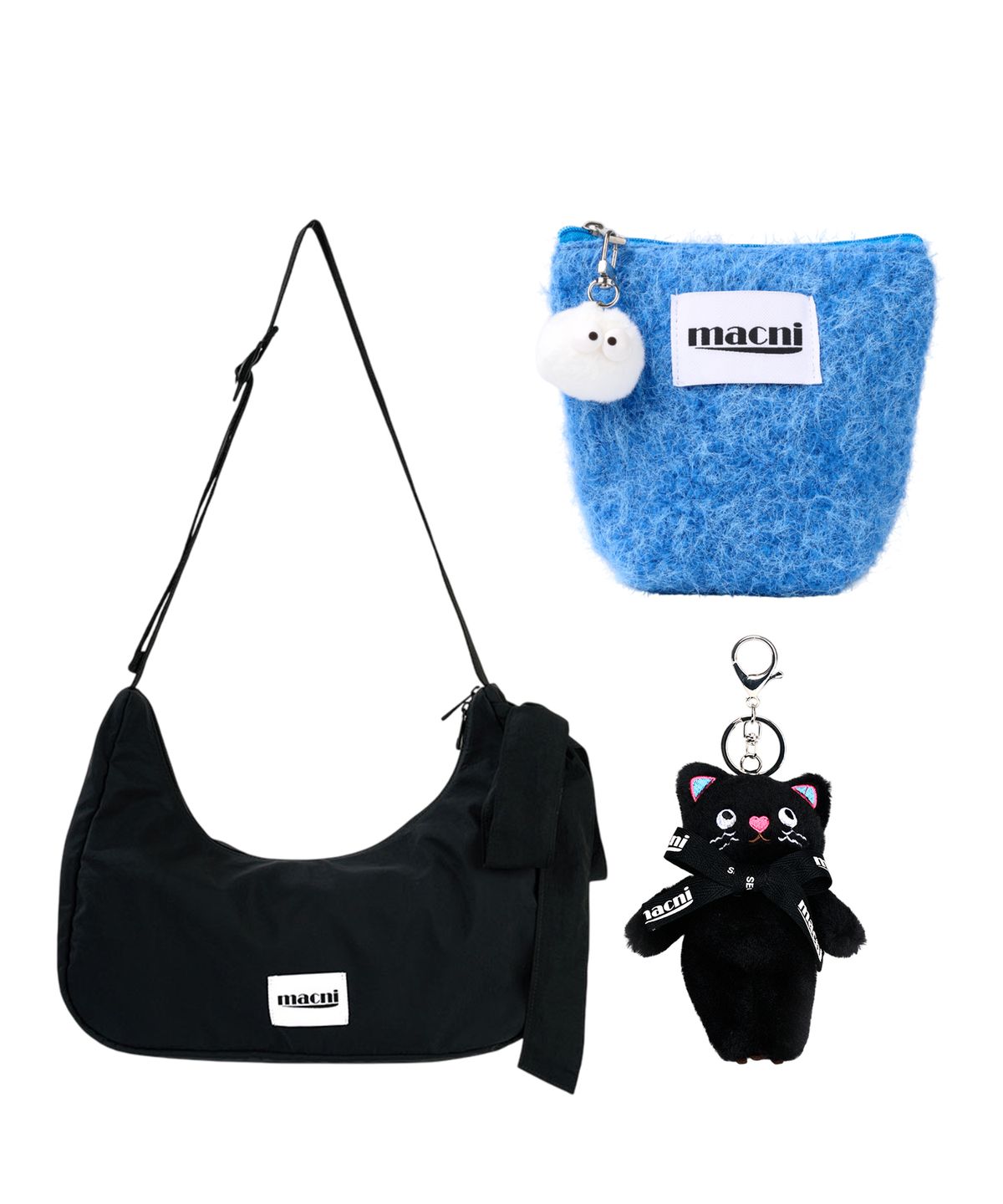 마크니(MACNI) [SET] RIBBON CRESCENT BAG & POODLE POUCH & KEYRING SET