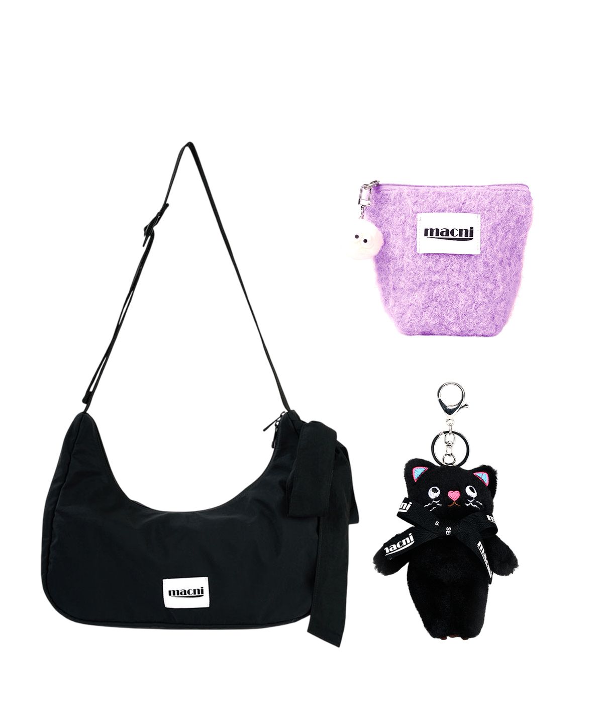 마크니(MACNI) [SET] RIBBON CRESCENT BAG & POODLE POUCH & KEYRING SET