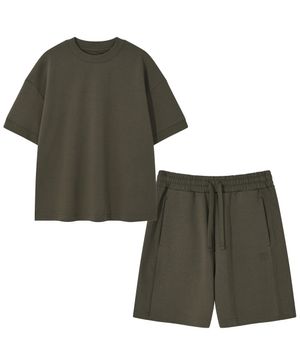 [SET] 베이직 로고 자수 오버핏 트레이닝 세트 [카키]