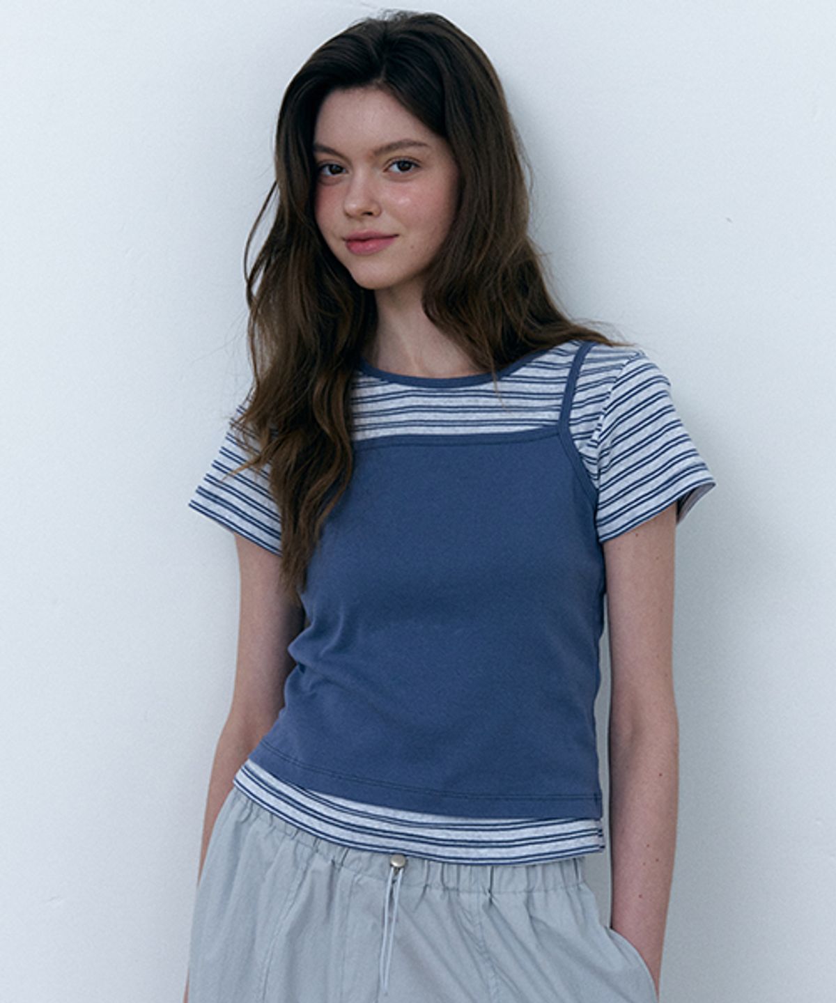 샵아라(SHOP,ARA) Stripe Double Layered T-shirt_Melange Blue