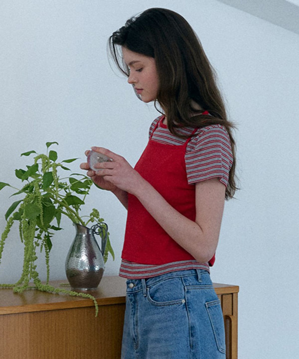 샵아라(SHOP,ARA) Stripe Double Layered T-shirt_Gray Red