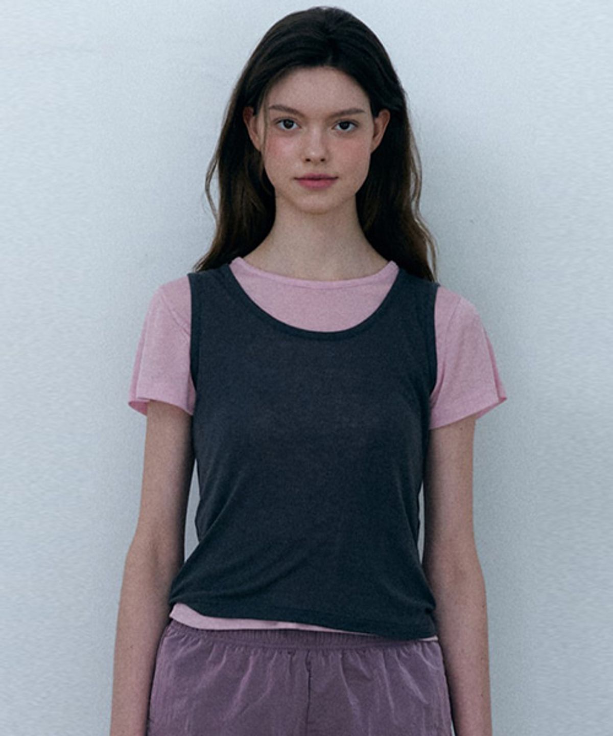 샵아라(SHOP,ARA) Awoo Double Layered T-shirt_Pink Charcoal