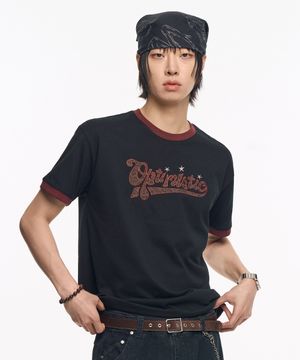 레오파드 아플리케 링거 반팔티 - 블랙