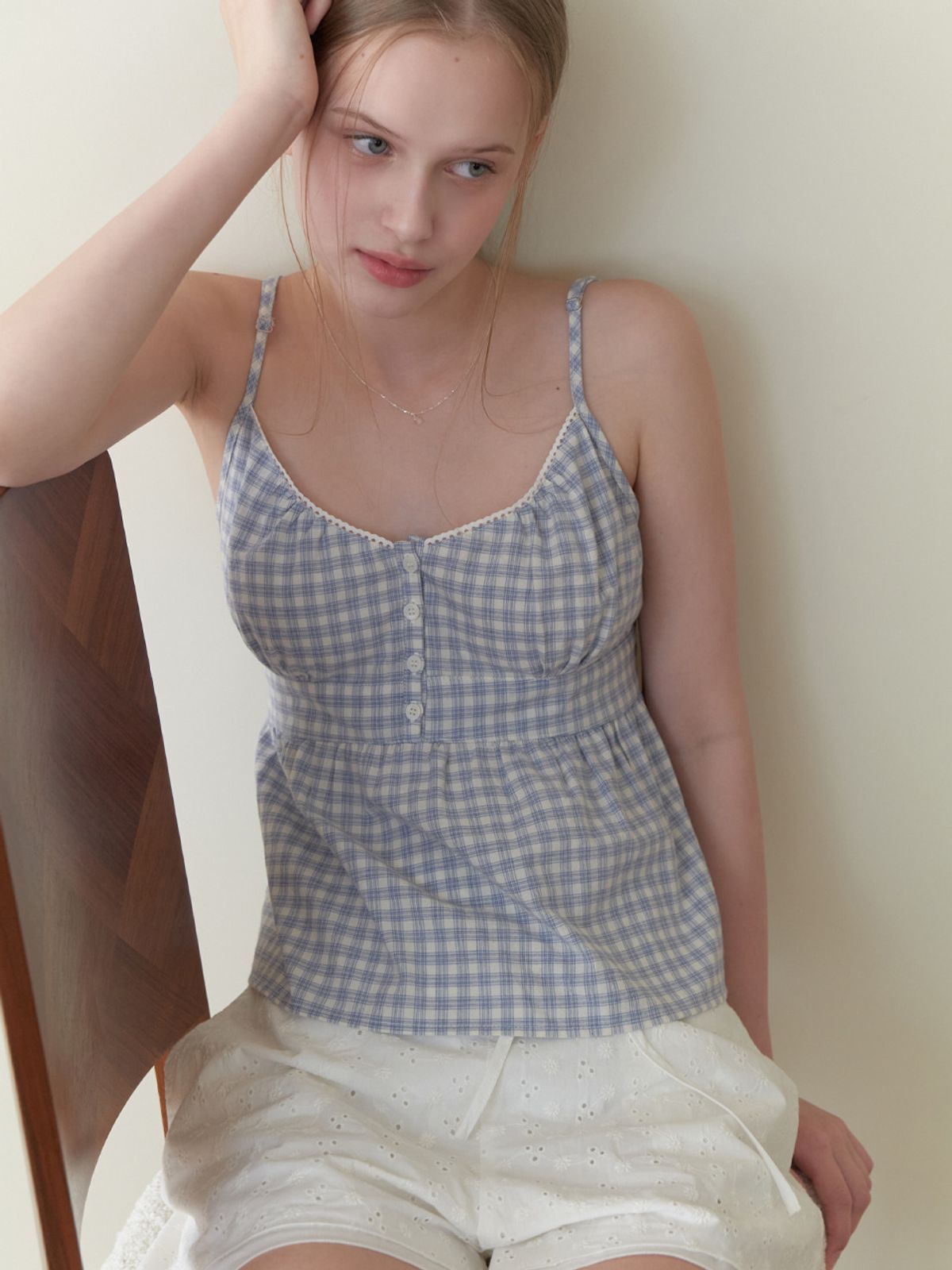 리엘(RE L) Frutti sleeveless blouse (blue check)
