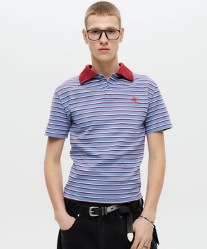 스트라이프 크롭 폴로 티셔츠 블루
