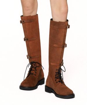 멀티스트랩 스웨이드 롱부츠 브라운