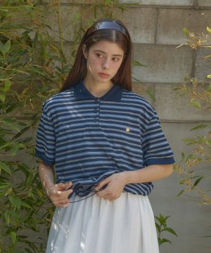 STRIPE STRING RUGBY HALF T-SHIRT_NAVY