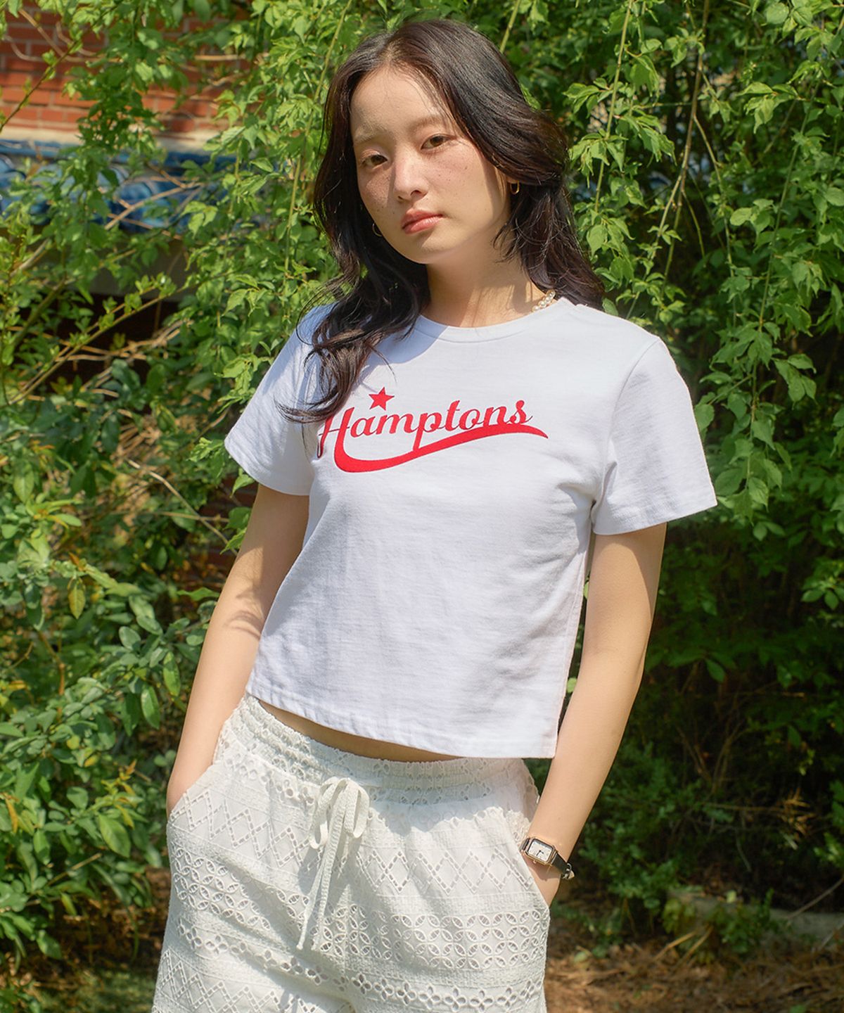 살롱 드 욘(SALON DE YOHN) Hampton Crop T_ White+Red