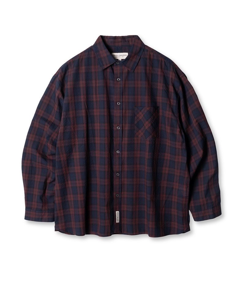 Overfit Check Seersucker Collar Shirt (Wine)