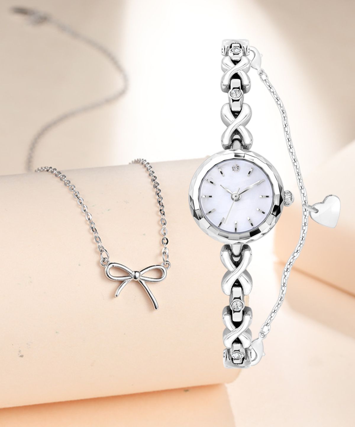 폭스바겐 와치(VOLKSVAGEN WATCH) 화이트스톤 레이어드 하트 팔찌시계 silver 925 목걸이 세트구성 응원문구 무료각인