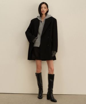 우먼즈 울 블렌드 오버 숄더 더블 하프 코트 [블랙]