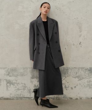 우먼즈 울 블렌드 오버 숄더 더블 하프 코트 [미디엄 그레이]