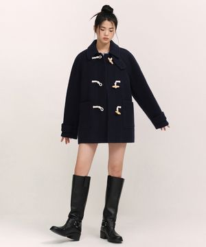 우먼즈 울 블렌드 부클 하프 더플 코트 [네이비]