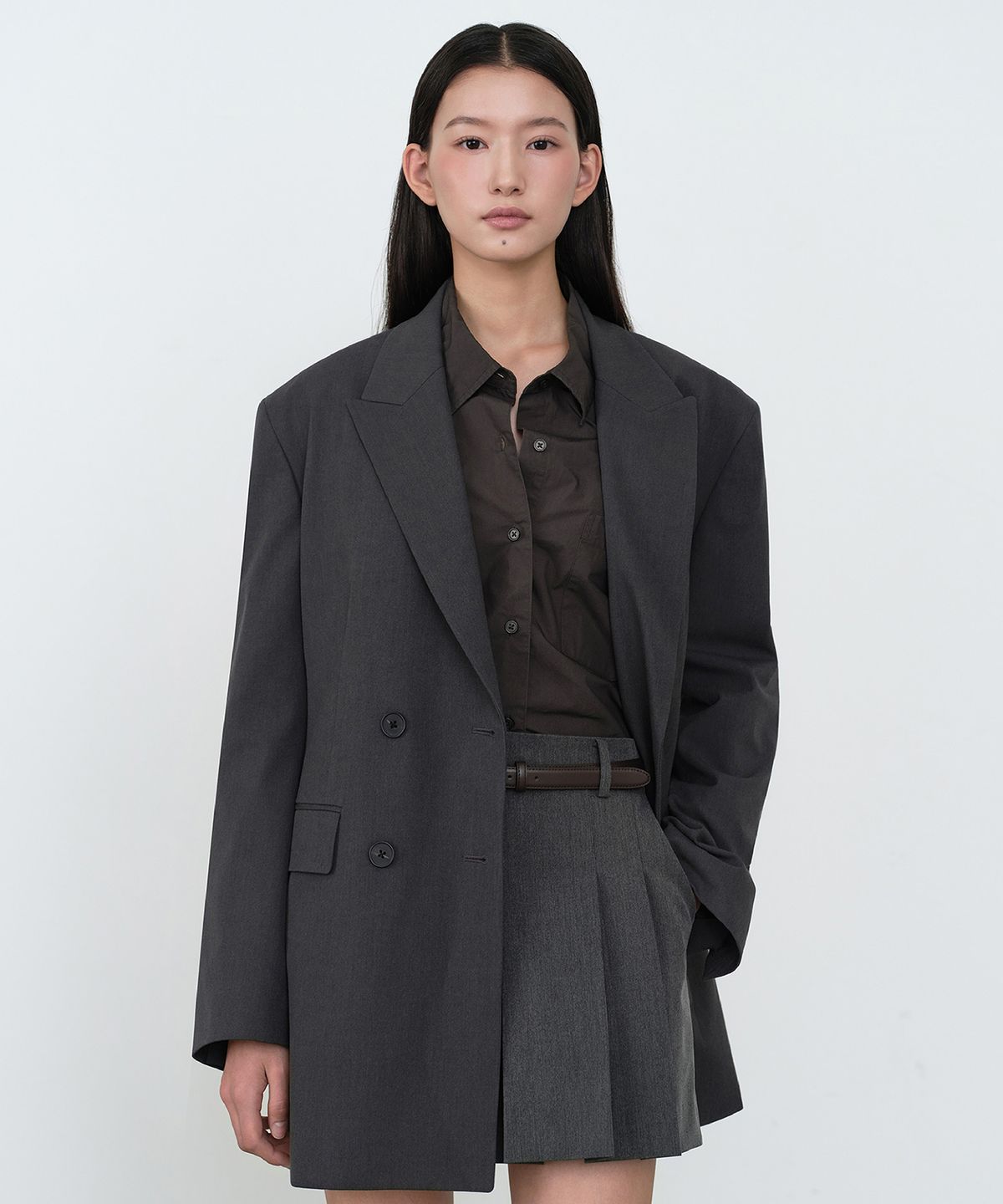 무신사 스탠다드 우먼(MUSINSA STANDARD WOMAN) 우먼즈 더블 브레스티드 롱 블레이저 [그레이]