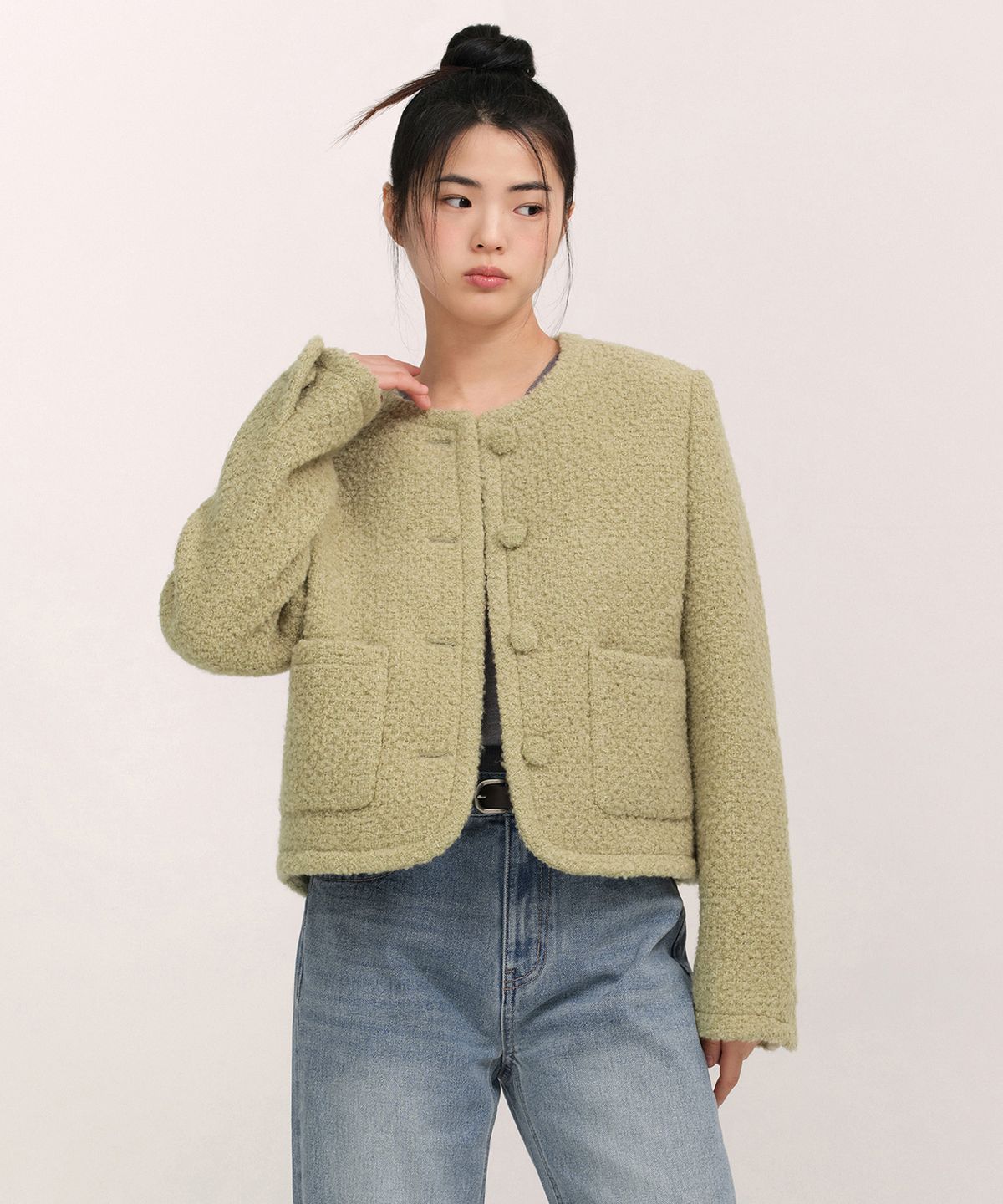 무신사 스탠다드 우먼(MUSINSA STANDARD WOMAN) 우먼즈 울 블렌드 부클 트위드 재킷 [라이트 카키]