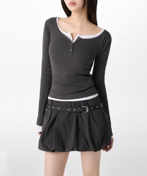 우먼즈 리브드 슬림 와이드 헨리 넥 긴소매 티셔츠 [건메탈]