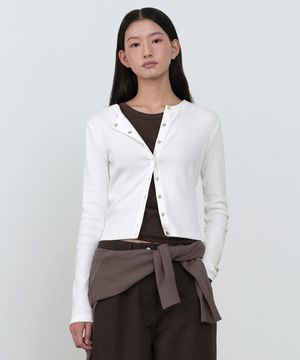 우먼즈 리브드 슬림 라운드 넥 저지 가디건 [아이보리]