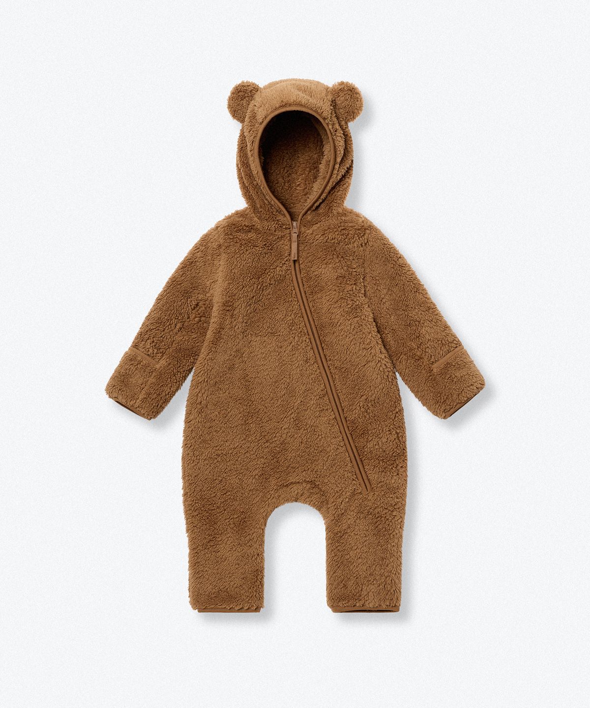 무신사 스탠다드 키즈(MUSINSA STANDARD KIDS) 샤기 플리스 이어 후디드 점프수트 [브라운]