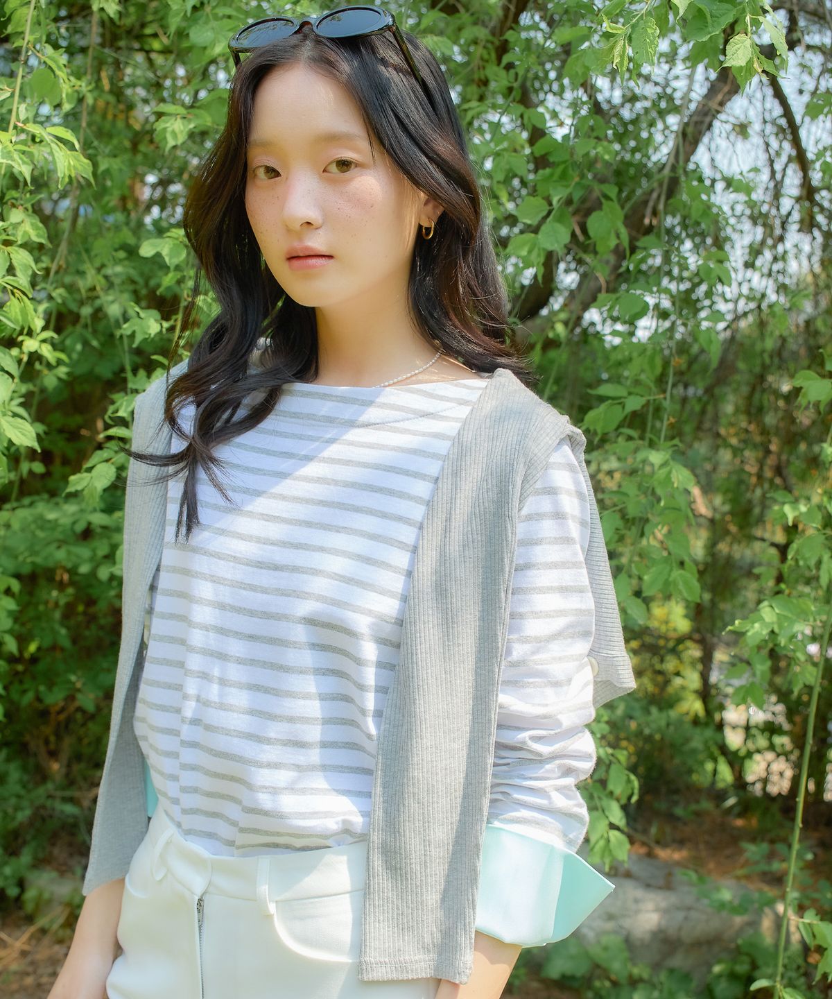 살롱 드 욘(SALON DE YOHN) Stripe Cuffs T_ Gray+Mint
