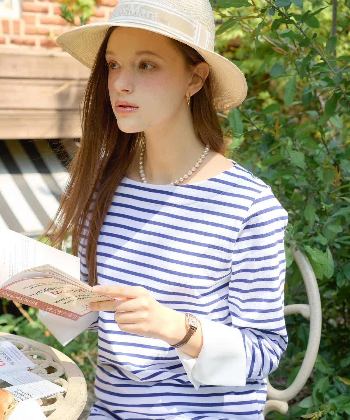 살롱 드 욘(SALON DE YOHN) Stripe Cuffs T_ Blue+Ivory