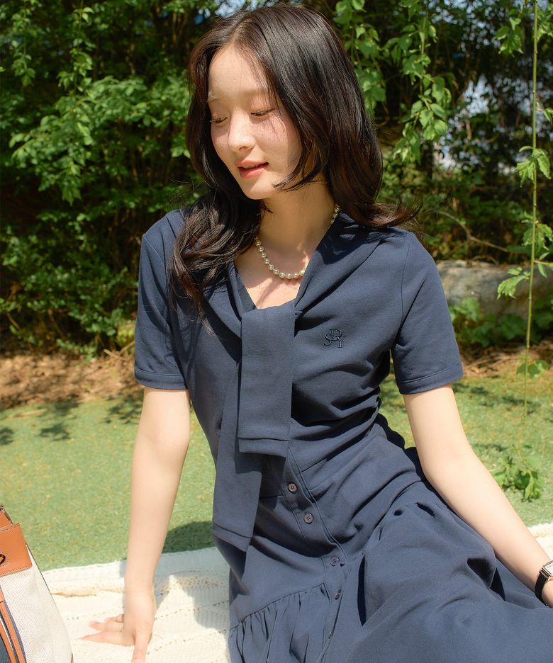 Shawl Layered Long Dress_ Navy