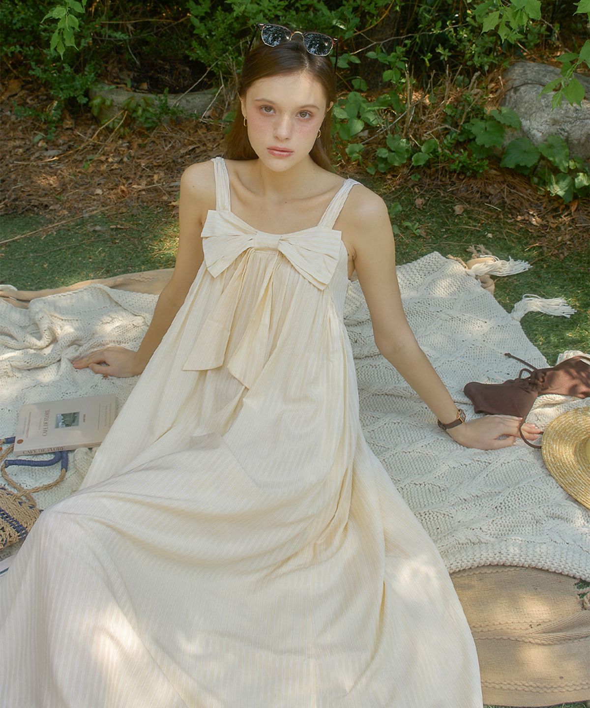 살롱 드 욘(SALON DE YOHN) Ribbon Point Sleeveless Long Dress_ Lemon
