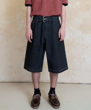 belted bermuda denim pants (black)