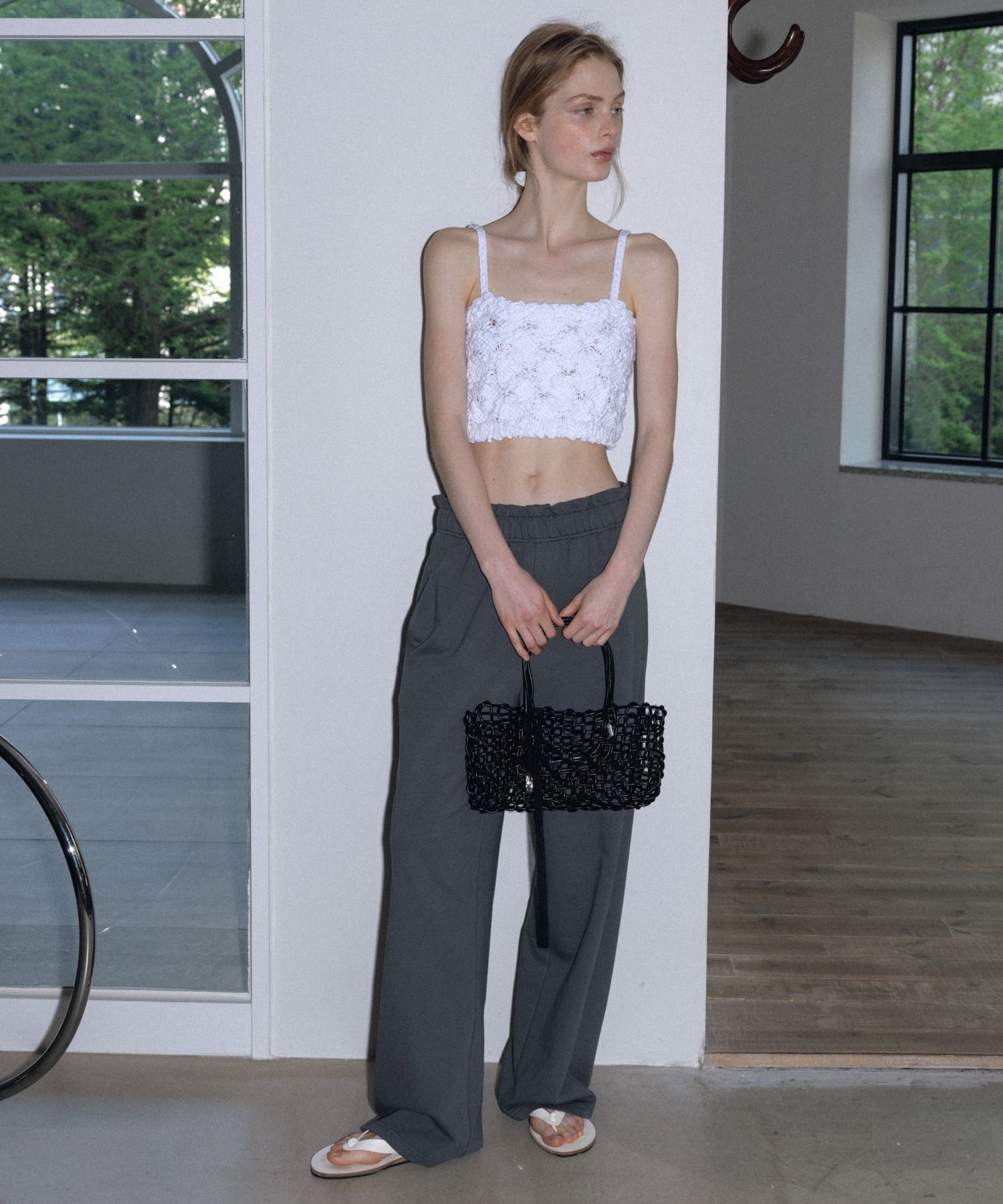 MUSINSA | STUDIOTABLE RUFFLE BANDING COTTON PANTS, CHARCOAL