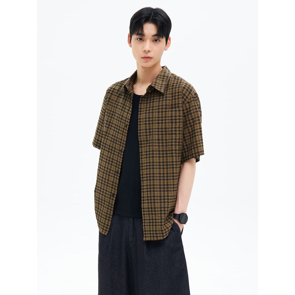 에잇세컨즈(8SECONDS) 체크 반소매 셔츠  브라운