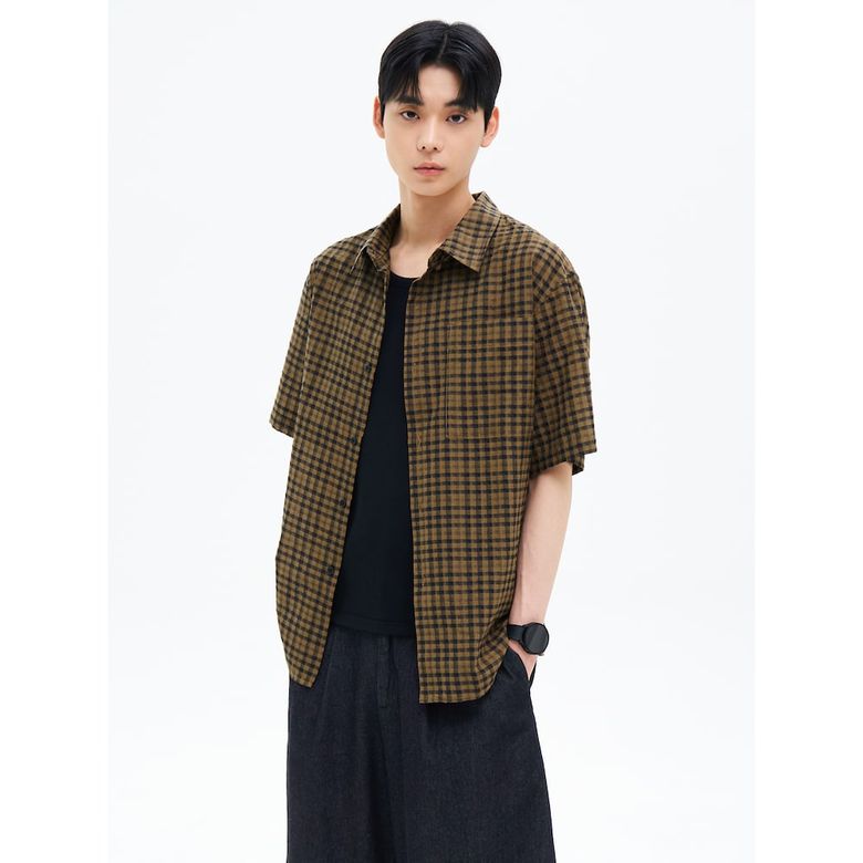 체크 반소매 셔츠  브라운