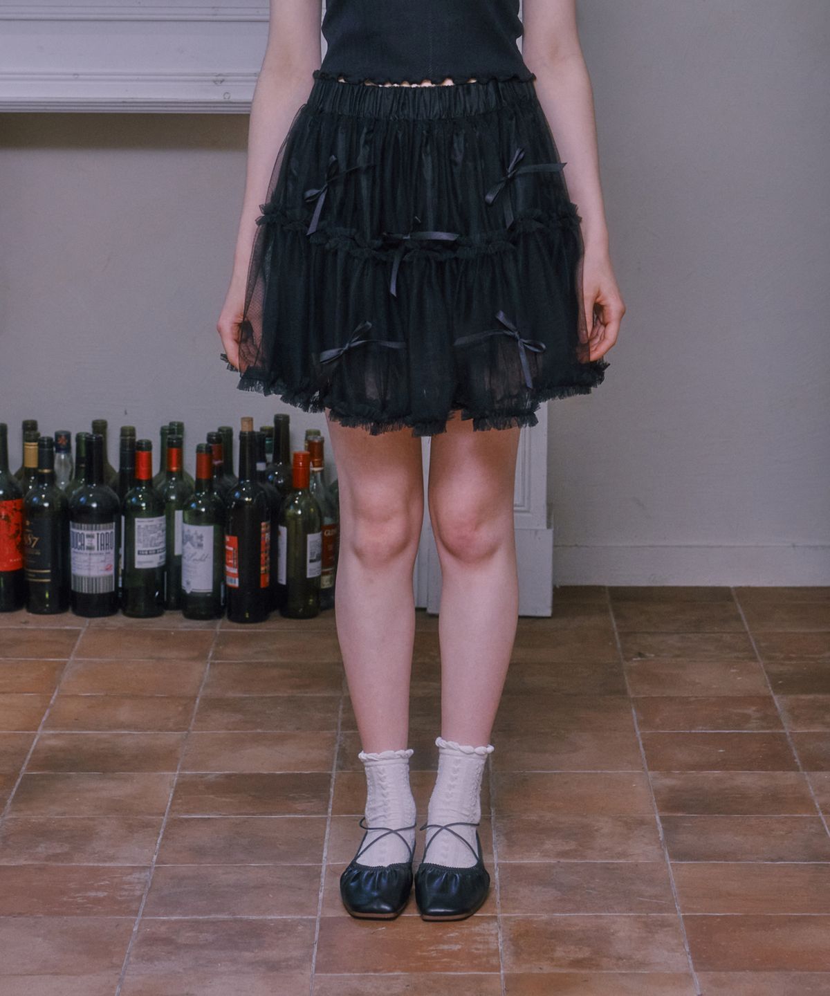 루루슈(LULUCHOU) Ribbon cancan lace skirt - BLACK
