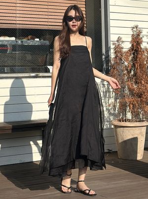 라미 린넨 슬리브리스 미디 원피스 (BLACK)