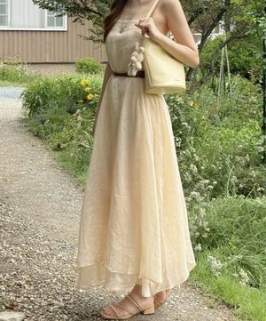 라미 린넨 슬리브리스 미디 원피스 (BEIGE)