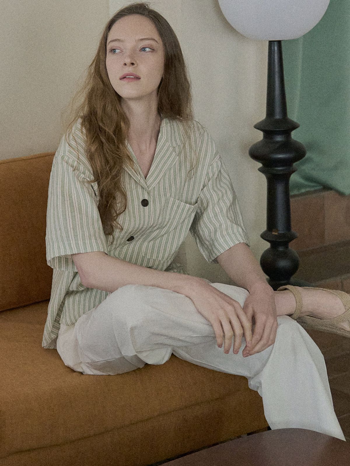 아방(AVANT-G) Striped Rayon Shirt - GREEN
