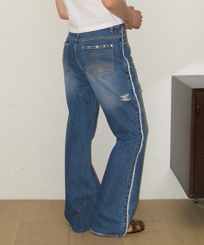 HEART STUD DAMAGE BOOTSCUT DENIM PANTS MEDIUM BLUE